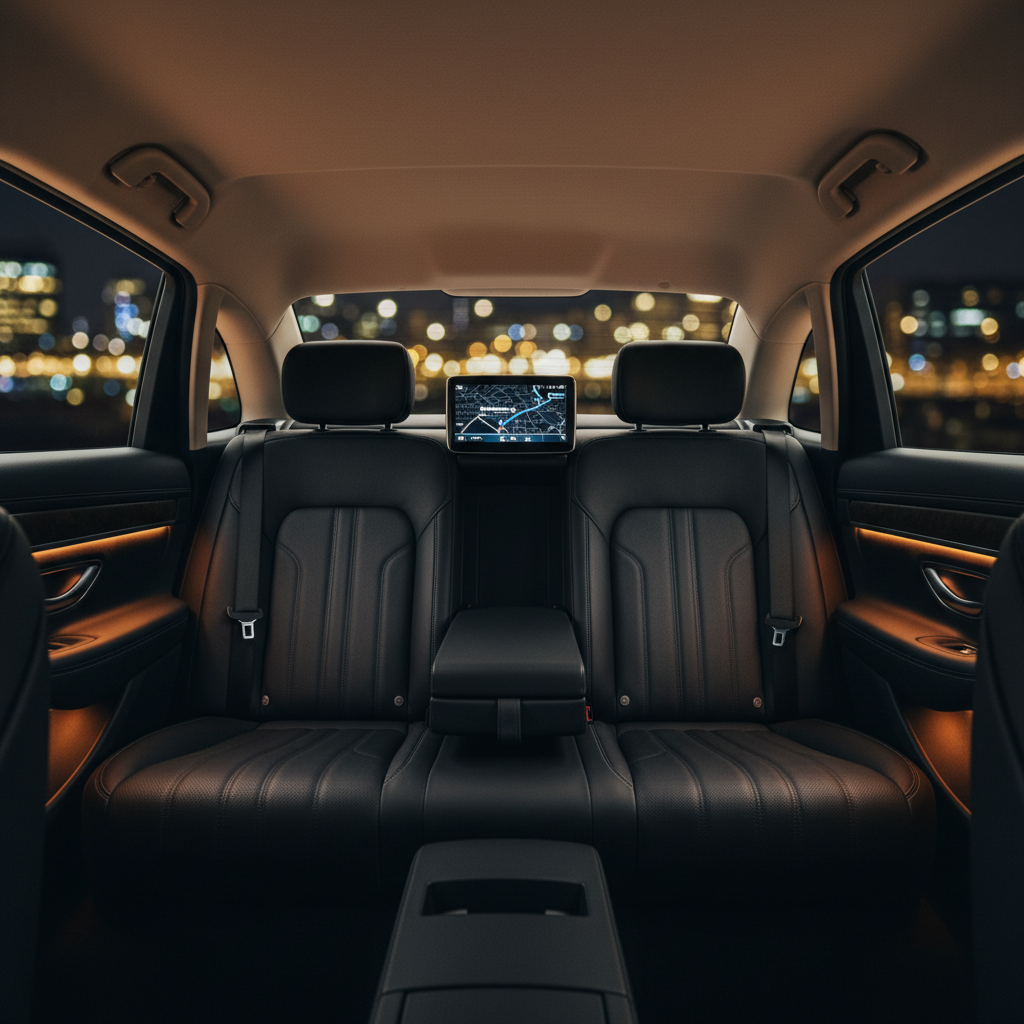 The interior of a premium taxi focused on the rear passenger area, showcasing immaculate black leather seats with subtle stitching, a fold-down armrest, and discreet ambient LED lighting along the door panels. A small, built-in screen on the back of the front seat displays a simple, elegant map of Rotterdam with an airport icon and clear route line. Outside the side window, the city lights of Rotterdam blur into a soft bokeh. Captured from a low, centered perspective looking forward, the photograph has a shallow depth of field that keeps the interior in sharp focus. Soft, warm overhead lighting creates an inviting yet upscale mood, emphasizing comfort, cleanliness, and executive-level service in realistic, modern photographic style.