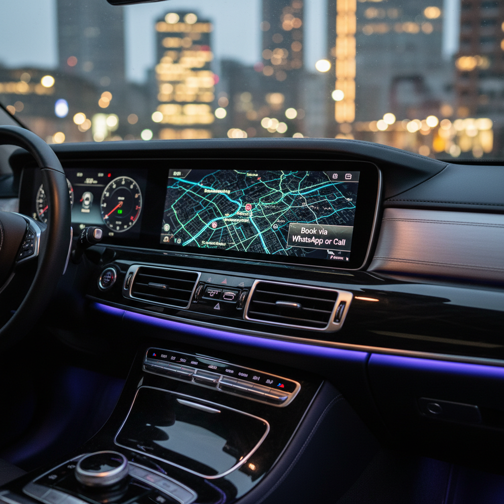 A close-up view of a premium taxi’s central console and dashboard, featuring a high-end touchscreen navigation system displaying a detailed night-time map of Rotterdam with highlighted routes to major landmarks and airport terminals. The glossy black dashboard surfaces and metallic controls reflect subtle ambient lighting. A discreet contact panel on the screen reads “Book via WhatsApp or Call” in clean, minimalist typography. The image is shot from the passenger seat at a slight angle, with the steering wheel only partially visible. Cool-toned interior lighting contrasts with faint, blurred city lights outside the windshield. The overall mood is high-tech, reliable, and sophisticated, rendered in sharp photographic realism with an emphasis on clarity and modern design.