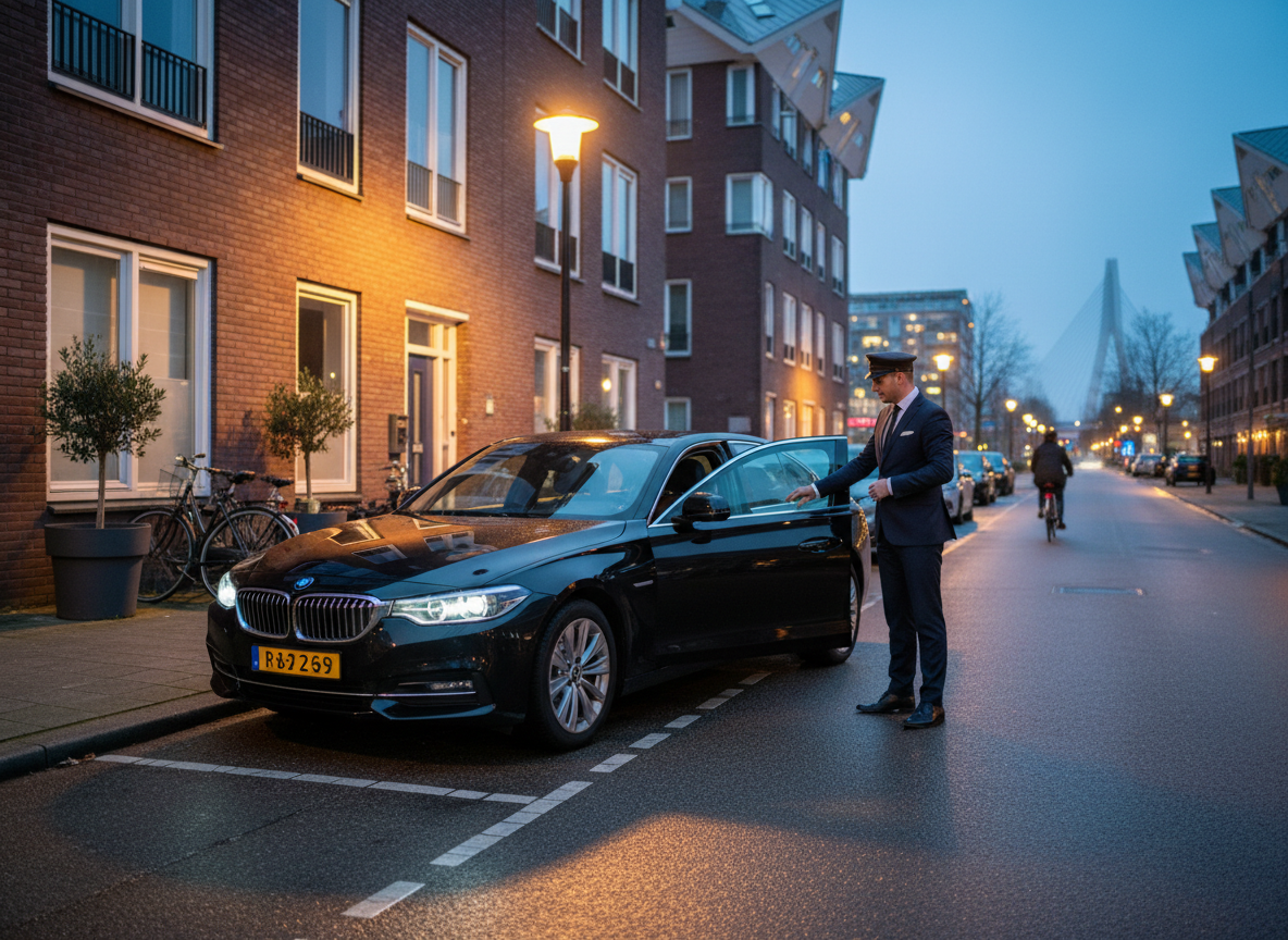 A sleek black premium taxi parked in front of a residential building in Rotterdam at dusk, with a professional driver opening the rear door for a passenger. Warm street lighting and subtle reflections on the car’s body, calm residential street, subtle Rotterdam architecture in the background, cinematic, realistic photography.