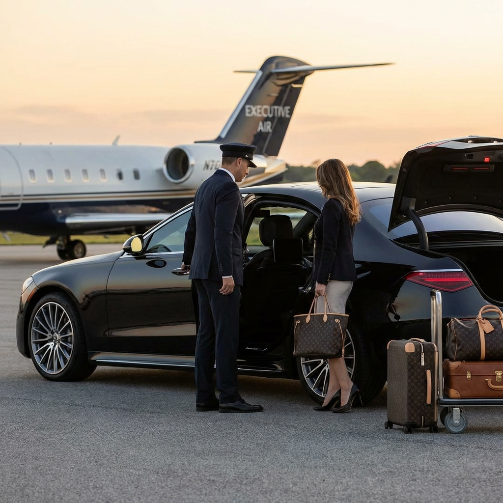 Chauffeur opening a luxury sedan door for a passenger beside a private jet.