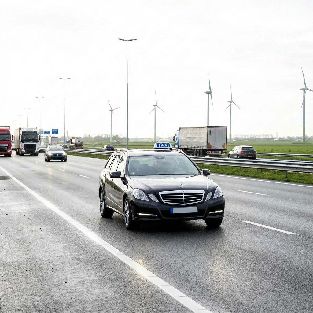 A black Mercedes taxi driving on a highway under signs for Amsterdam and Utrecht.